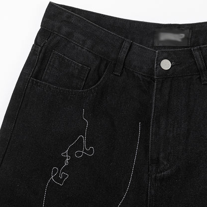 Line Embroidery Straight Jeans