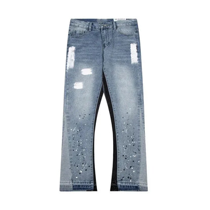 Retro Washed Spliced Denim Loose Trousers