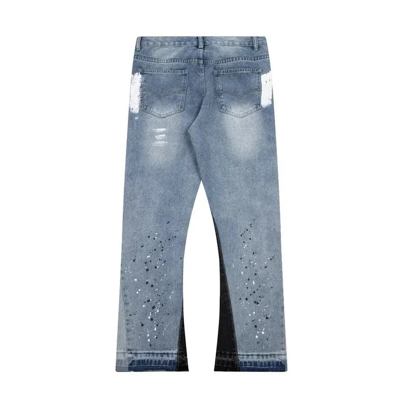 Retro Washed Spliced Denim Loose Trousers