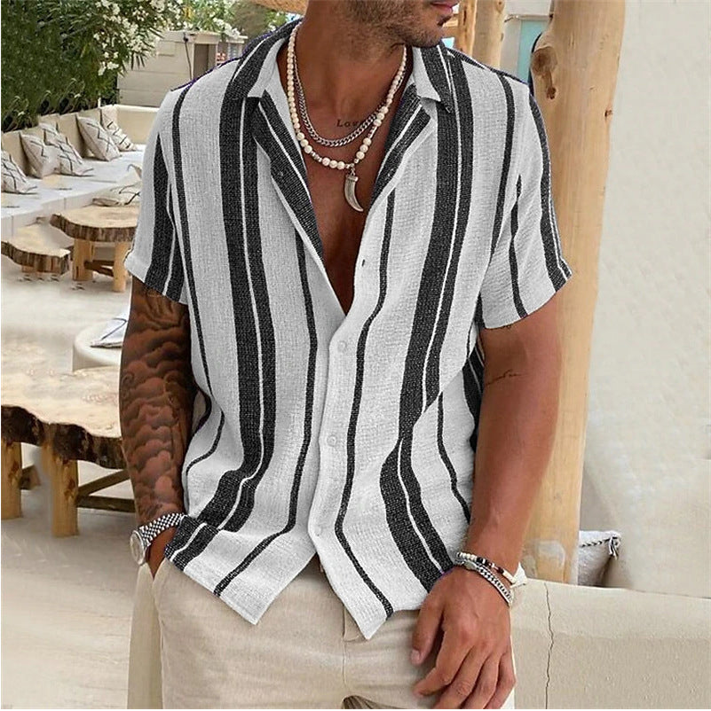 Youth Striped Lapel Short Sleeve Cardigan Men's Shirt